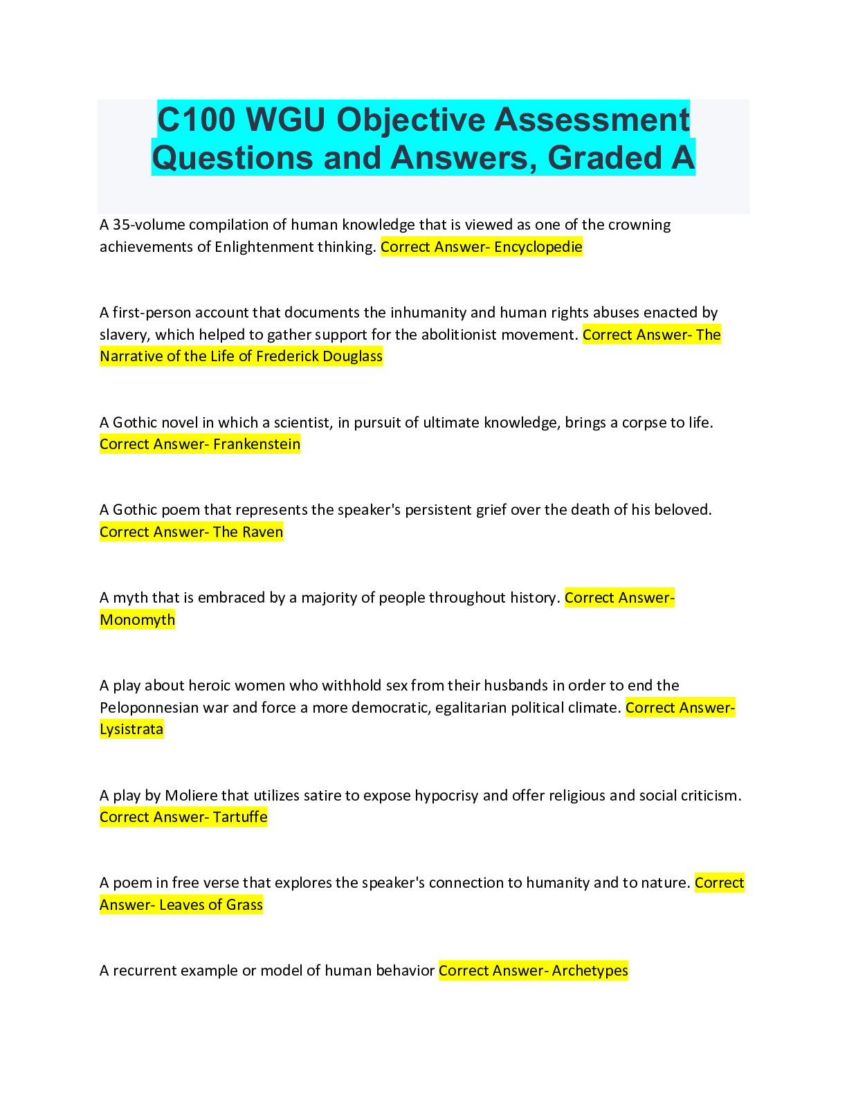 Preview of C100 WGU Objective Assessment Questions and Answers, Graded A